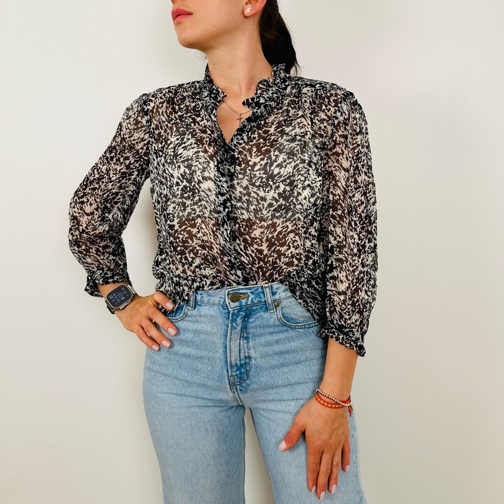New BA&SH Ruffle-trimmed Animal Print crepon blouse top sheer